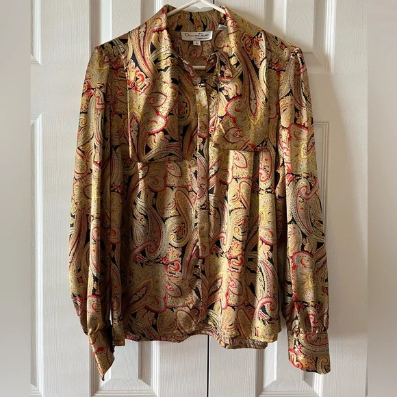 Vintage Oscar de la Renta Expressions Gold Paisley Blouse Size 10 - Picture 1 of 11